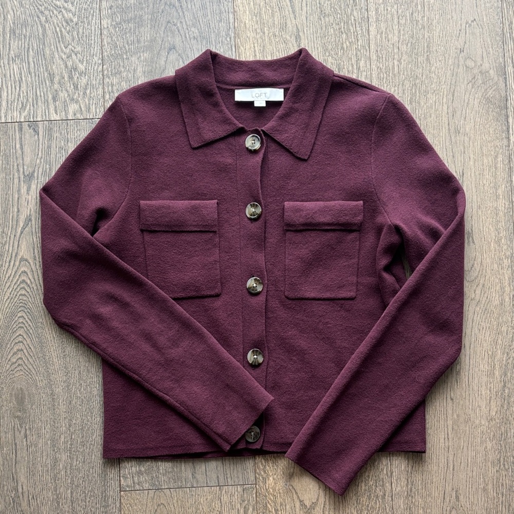 LOFT Maroon Button-Up Sweater Jacket